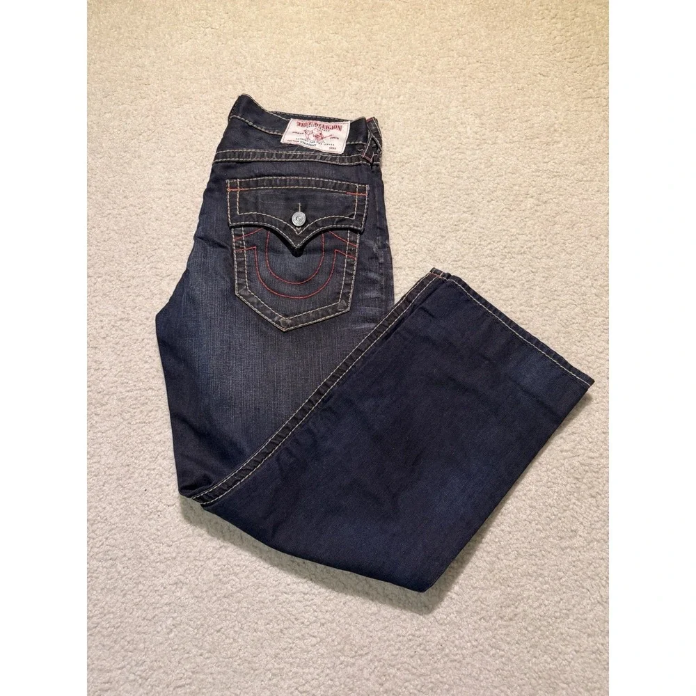 True Religion Straight Jeans Men's 34 Dark Wash Red Stitch Flap Pocket Y2K Denim